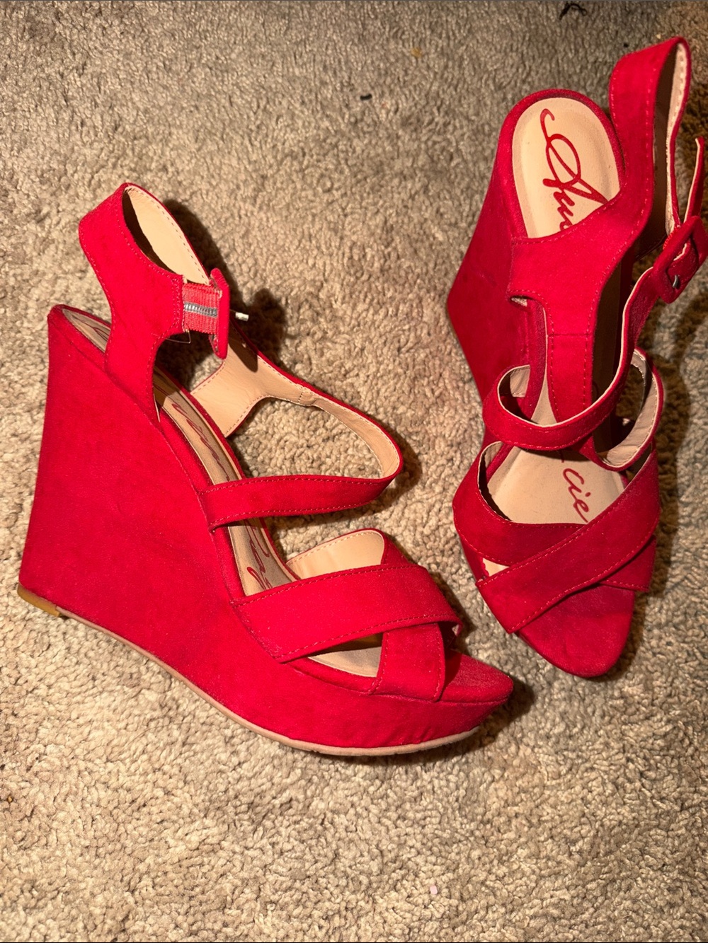 Jessica Bright Red Suede Strappy Wedge Sandals